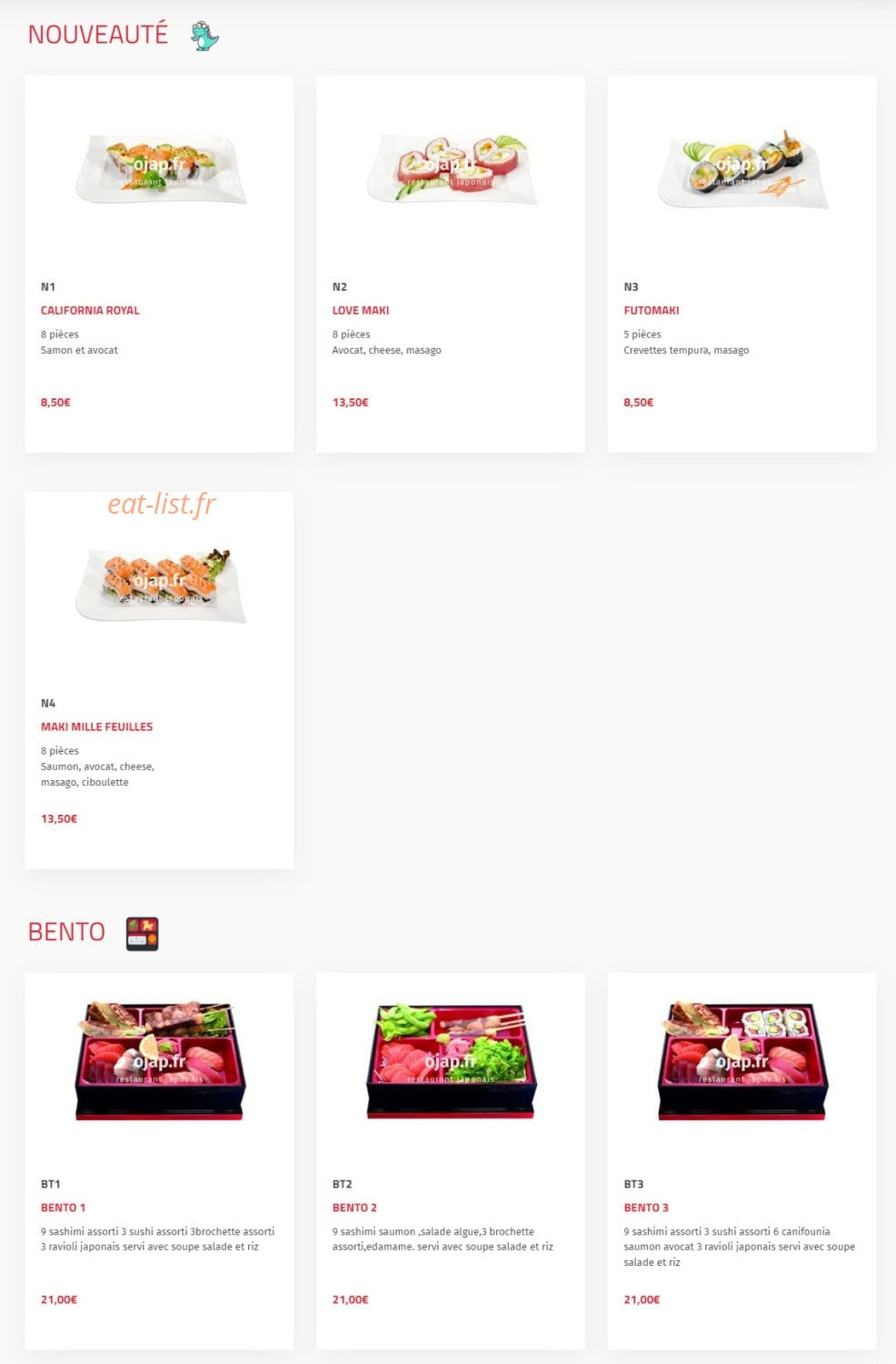 Carte et menu de O'jap à Voisins le Bretonneux — Nouveauté et bento