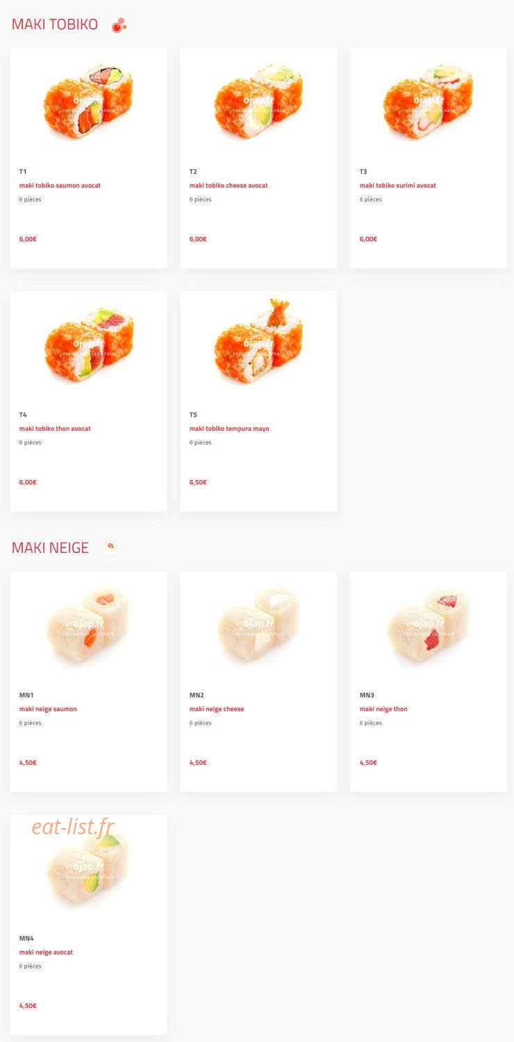 Carte et menu de O'jap à Voisins le Bretonneux — Maki tobiko et maki neige