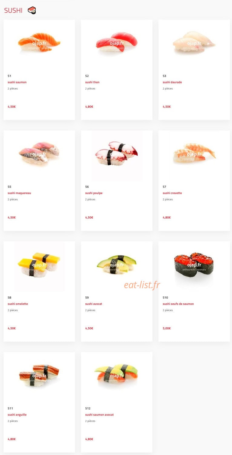 Carte et menu de O'jap à Voisins le Bretonneux — Sushi