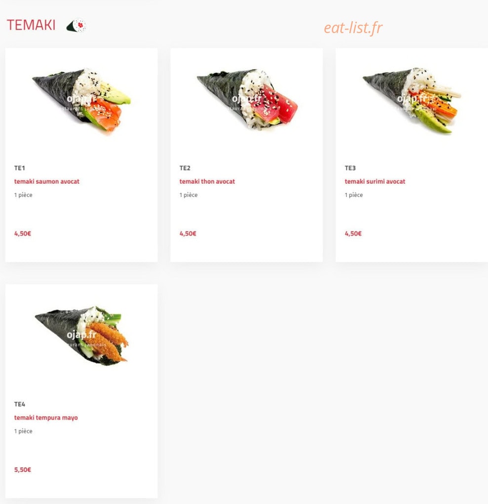 Carte et menu de O'jap à Voisins le Bretonneux — Temaki