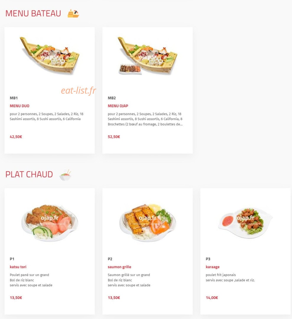 Carte et menu de O'jap à Voisins le Bretonneux — Menu bateau et plat chaud