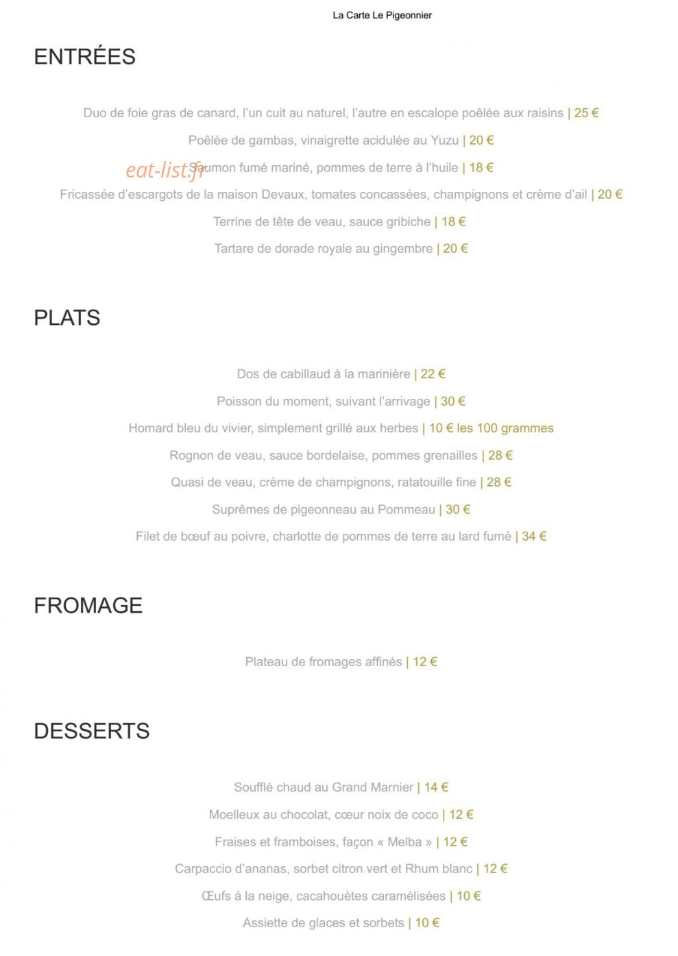 Le Pigeonnier — carte page 1