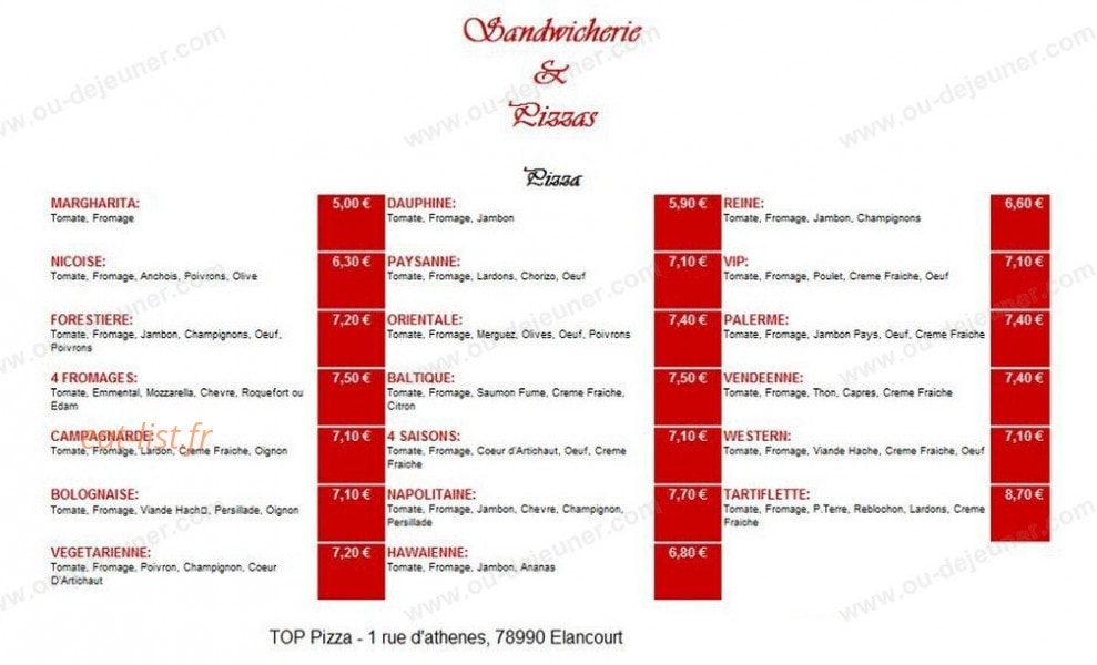 TOP Pizza — carte page 1