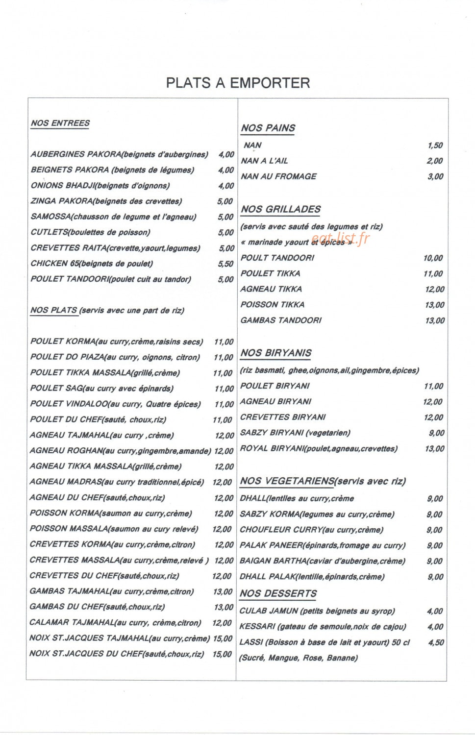 Restaurant Tajmahal — carte page 1