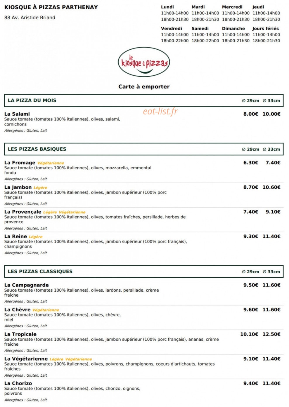 Le Kiosque à Pizzas — carte page 1