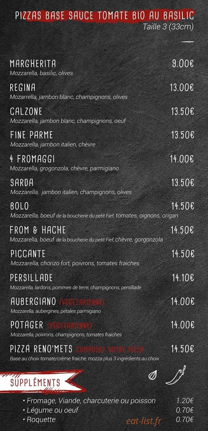 Pizzeria Reno'mets — carte page 1