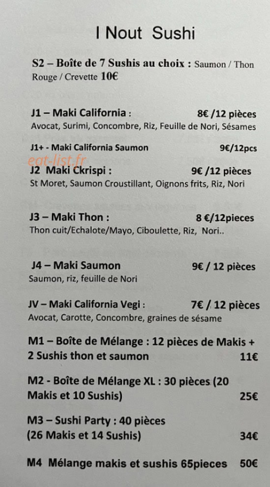 Carte et menu de I Nout à Bressuire — Sushi