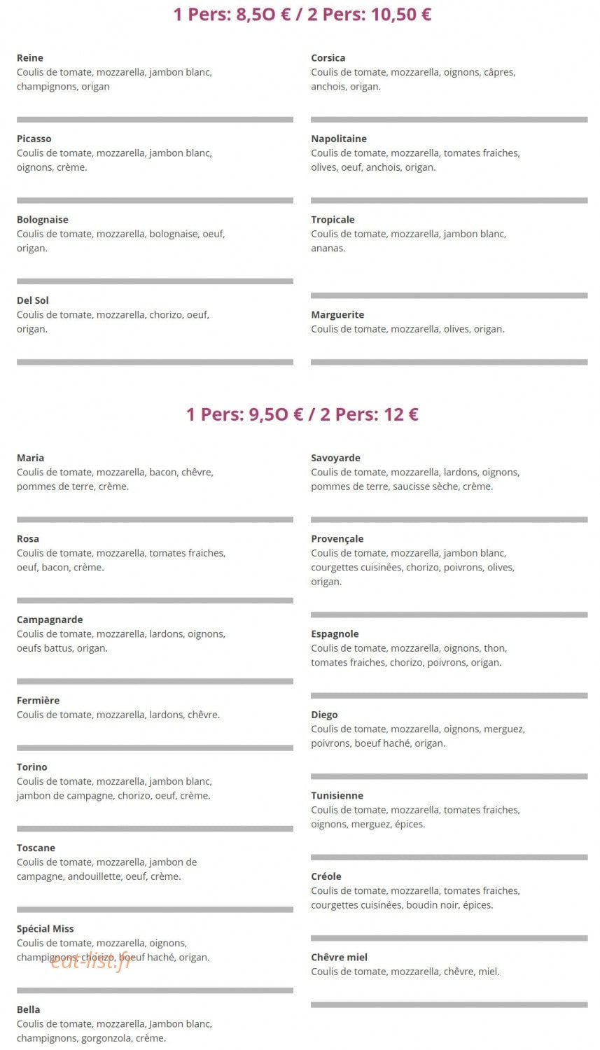 Miss Pizza — carte page 1