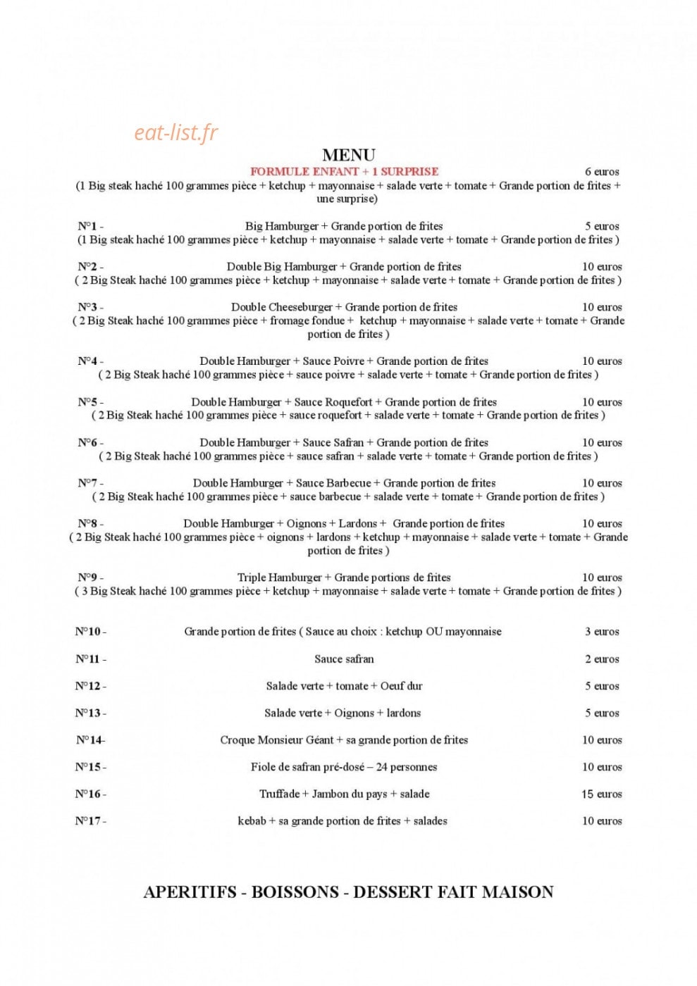 Resto Drive-In — carte page 1