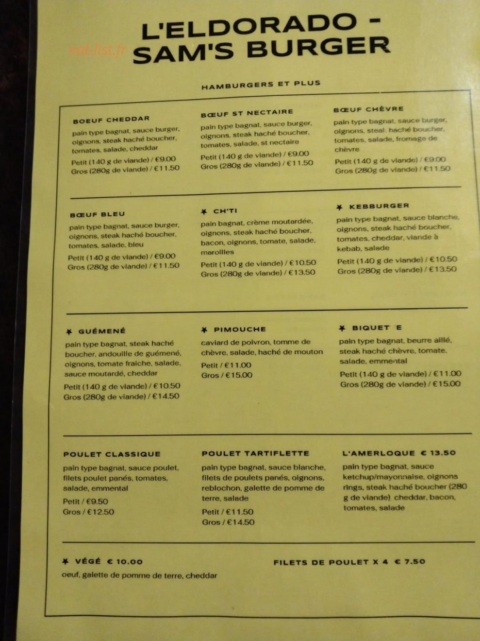 Sam's Burger — carte page 1