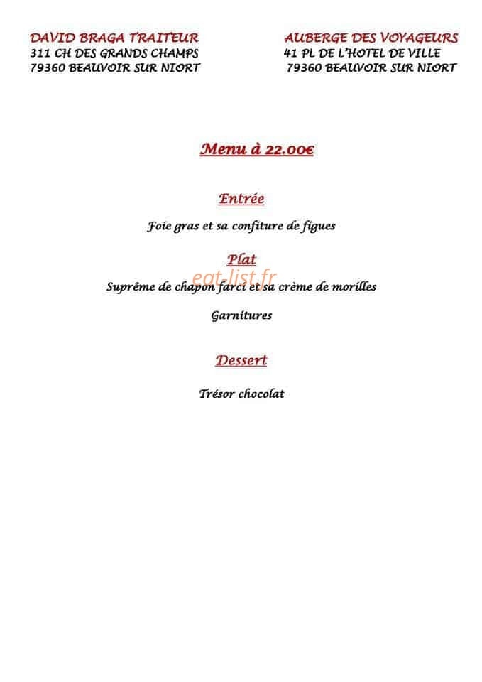 Carte et menu de Auberge des voyageurs à Beauvoir sur Niort — Menu a emporter