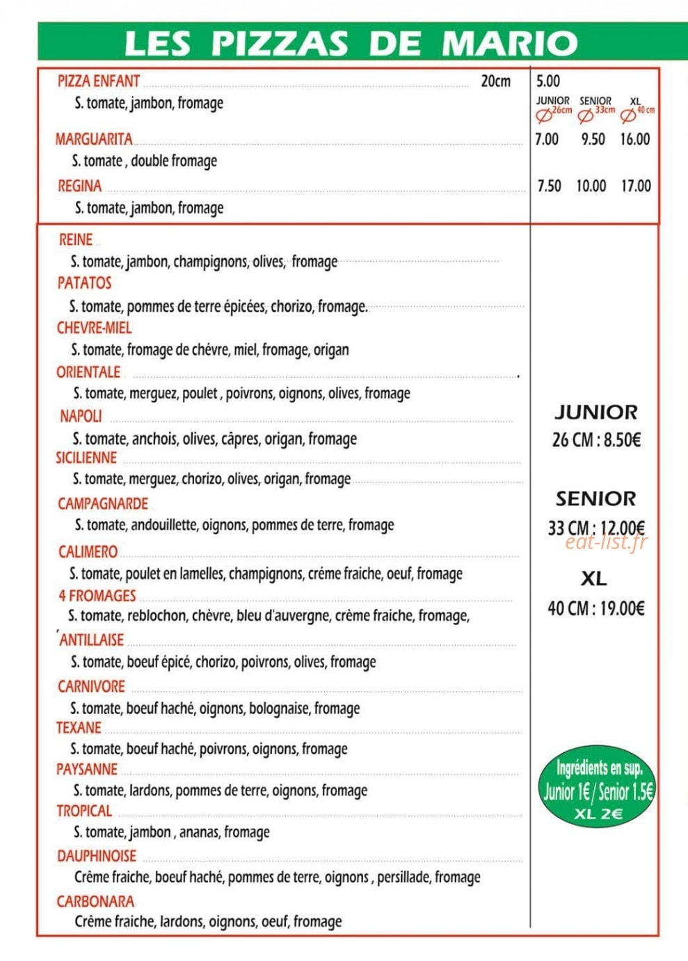 Les Pizzas de Mario — carte page 1