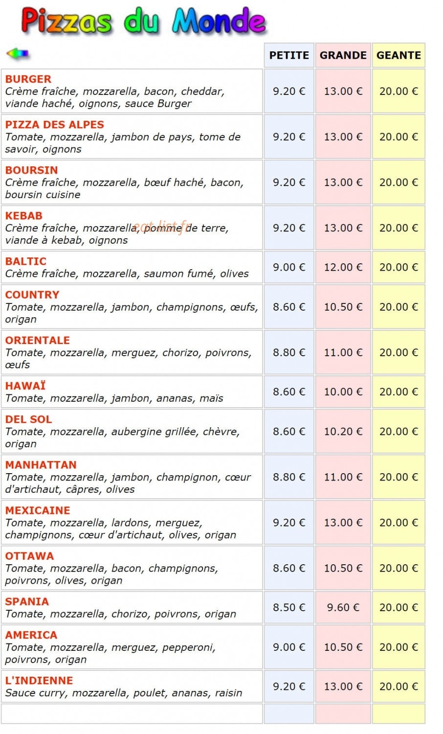 Pizzas du Monde — carte page 2