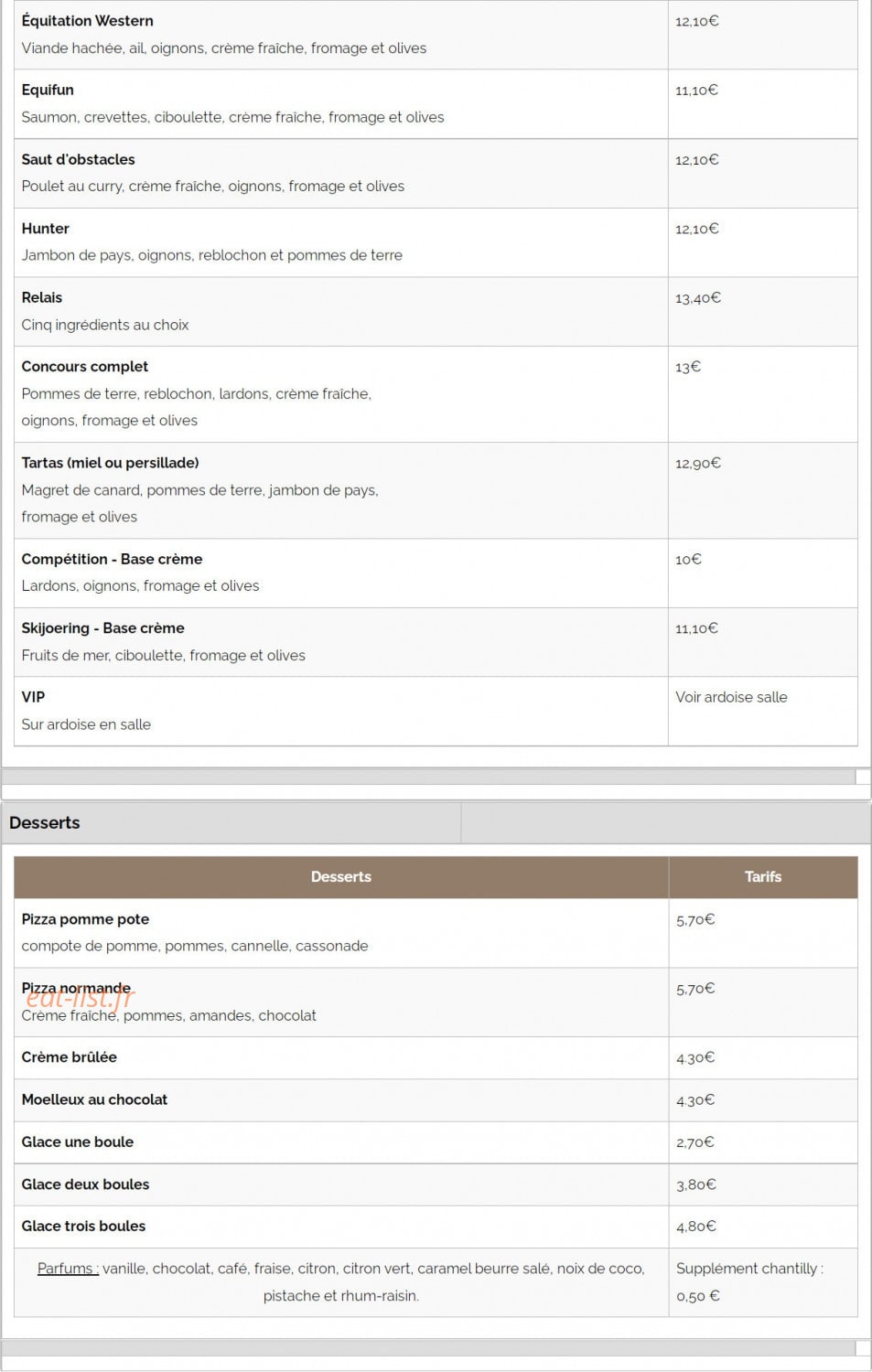 Carte et menu de Pizzeria du centre équestre à Saint Martin les Melle — Les pizzas suite et desserts