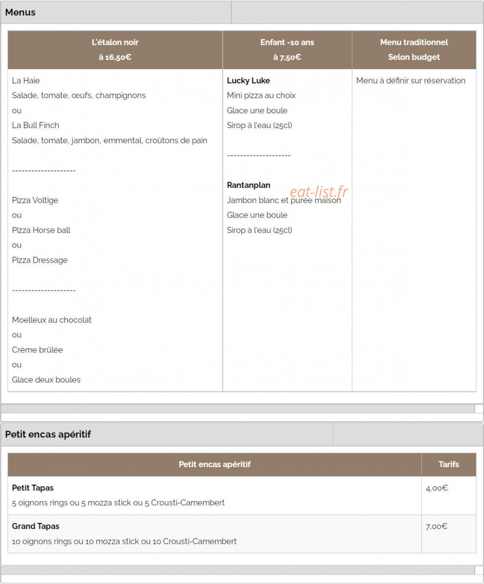 Carte et menu de Pizzeria du centre équestre à Saint Martin les Melle — Les menus et apéritifs