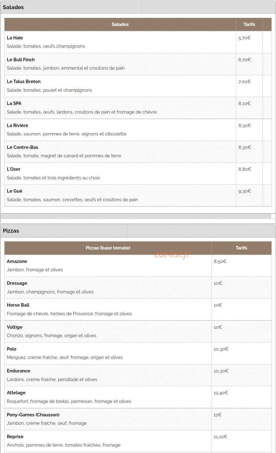 Carte et menu de Pizzeria du centre équestre à Saint Martin les Melle — Les salades et pizzas