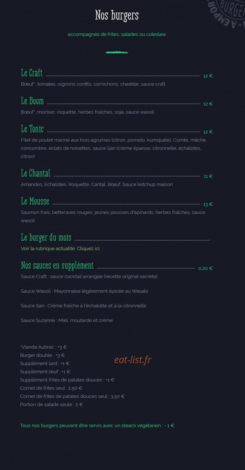 Craft Burger — carte page 1
