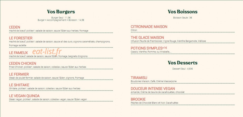 L'Eden Burger — carte page 1
