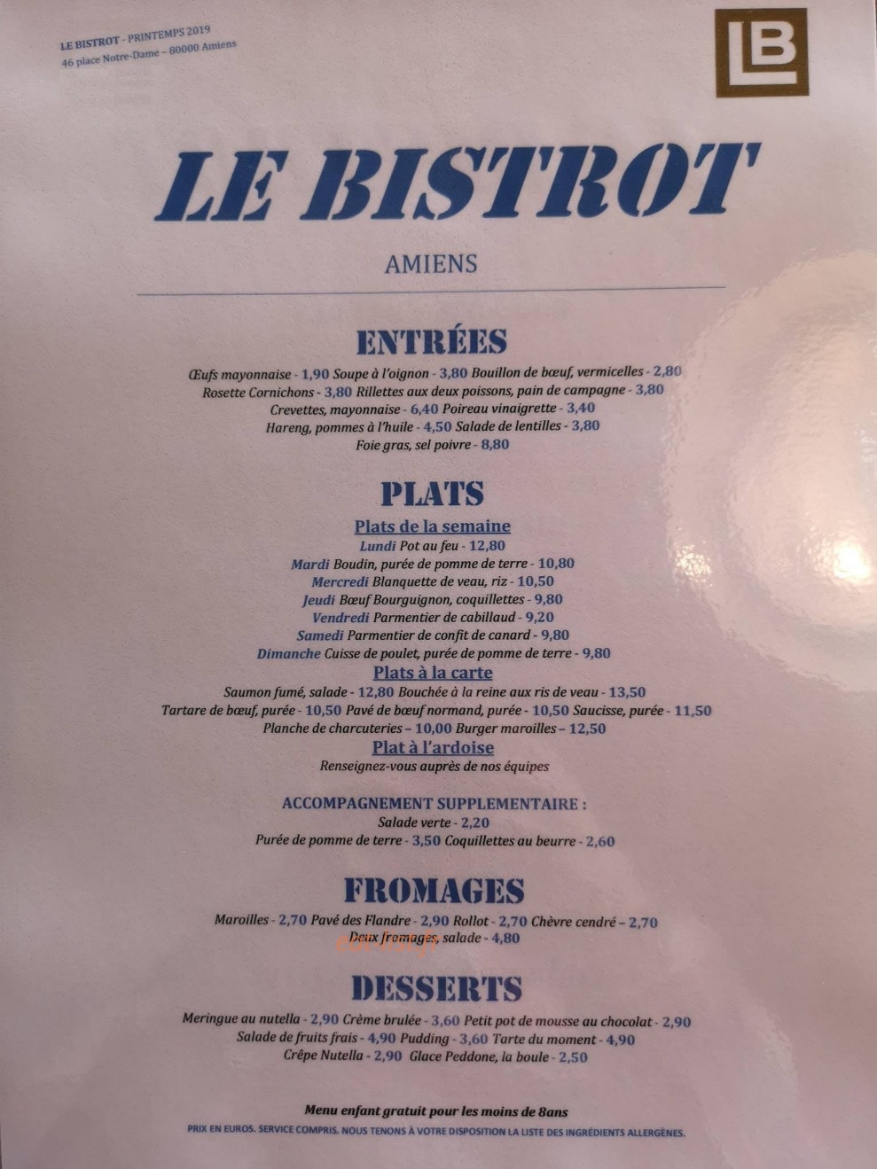 Le Bistrot de la Cathédrale — carte page 1