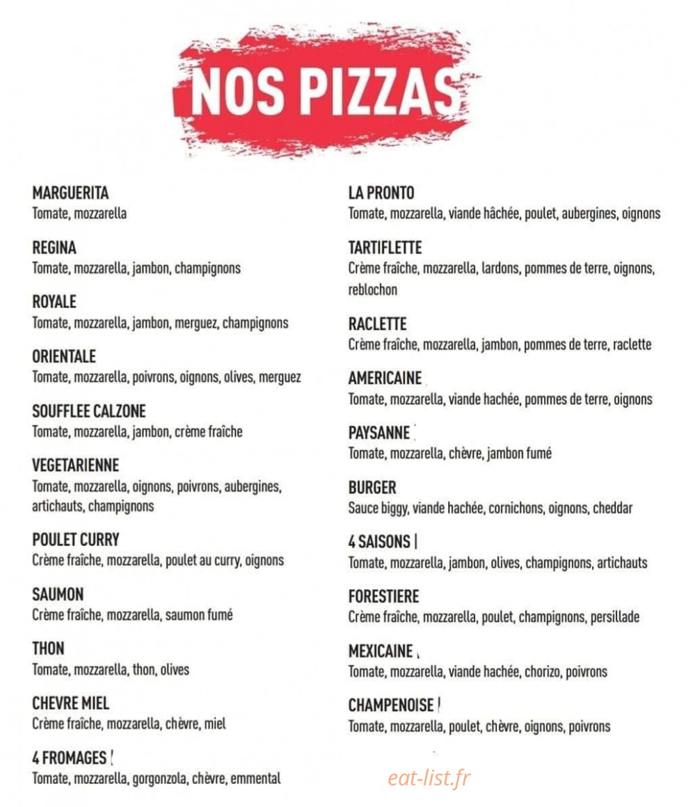 Pronto Pizza — carte page 1