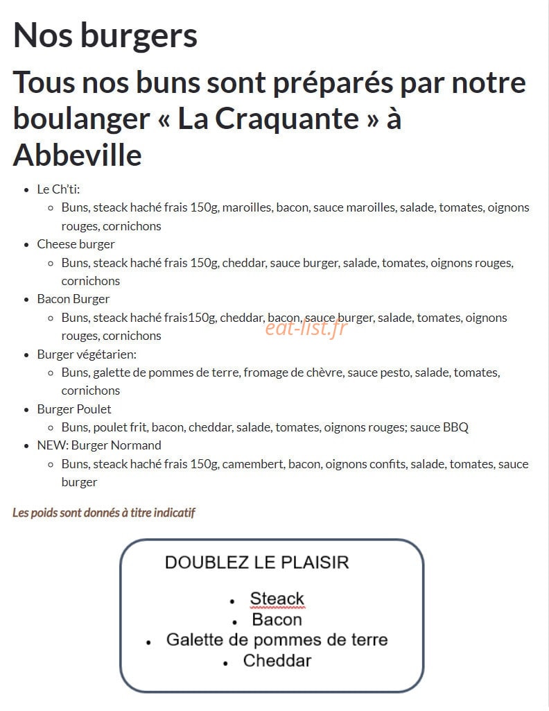 Carte et menu de L'usine Brasserie à Abbeville — Les burgers