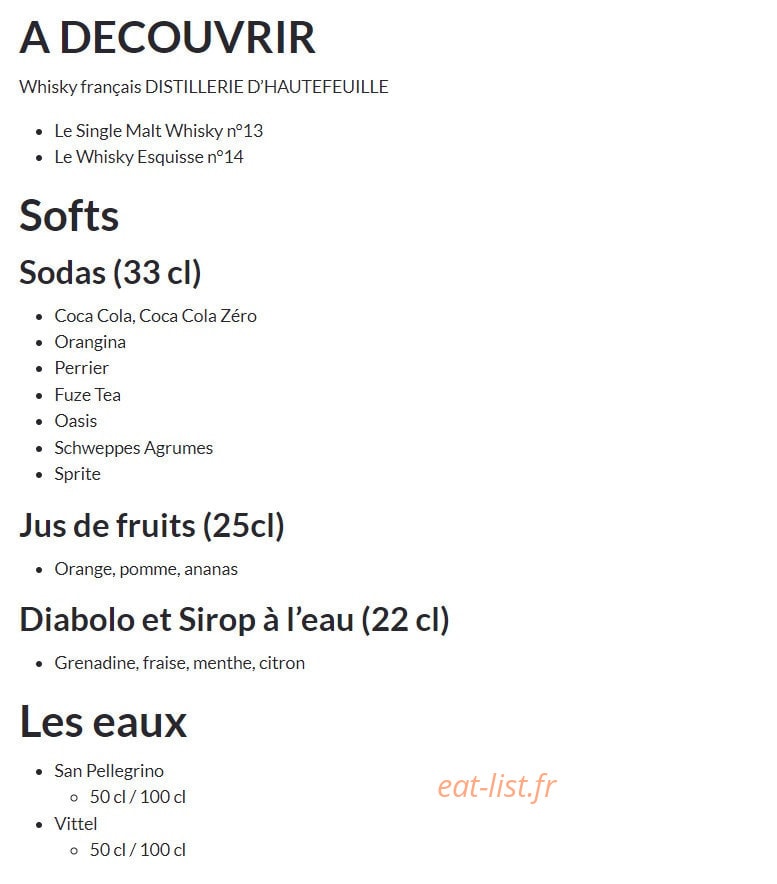 Carte et menu de L'usine Brasserie à Abbeville — Les softs, sodas et eaux, ...