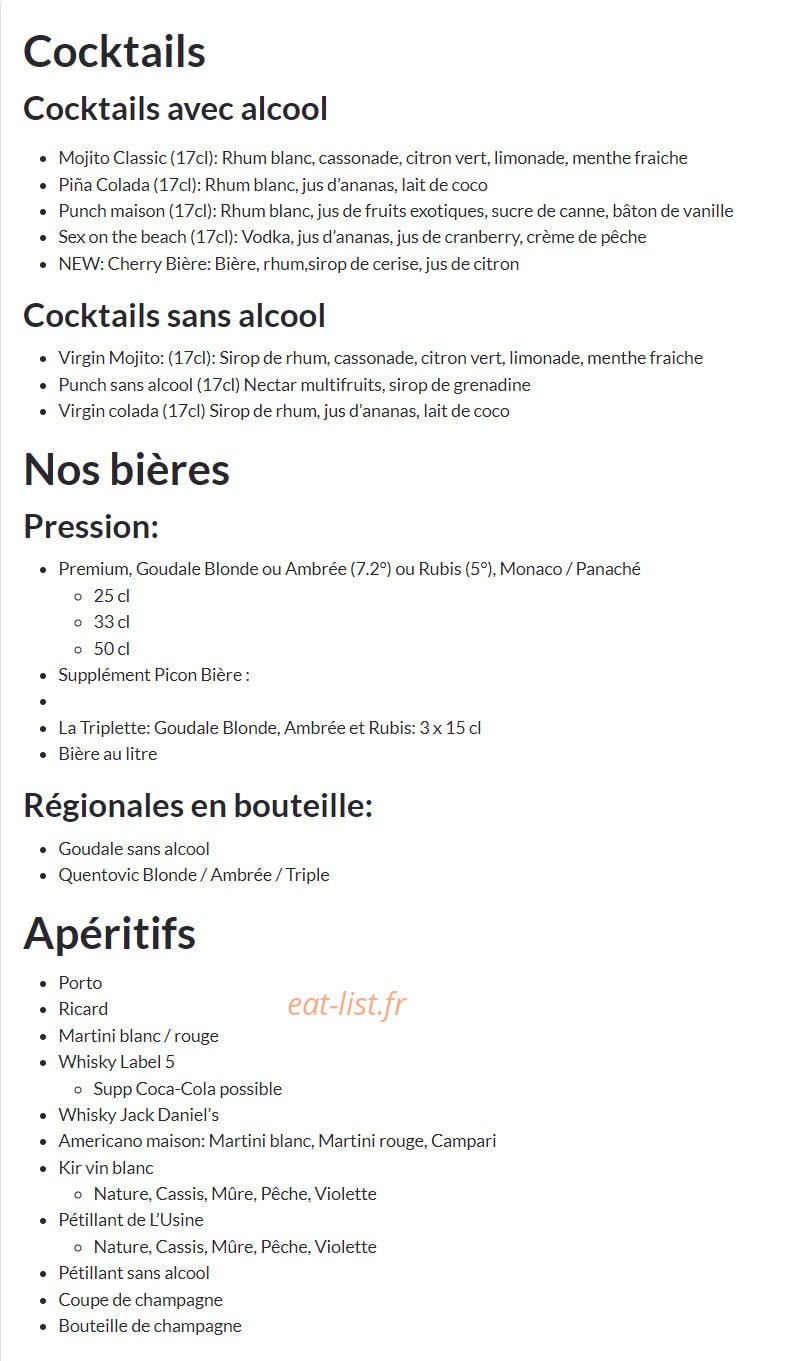 Carte et menu de L'usine Brasserie à Abbeville — Les cocktails, bières et apéritifs, ...