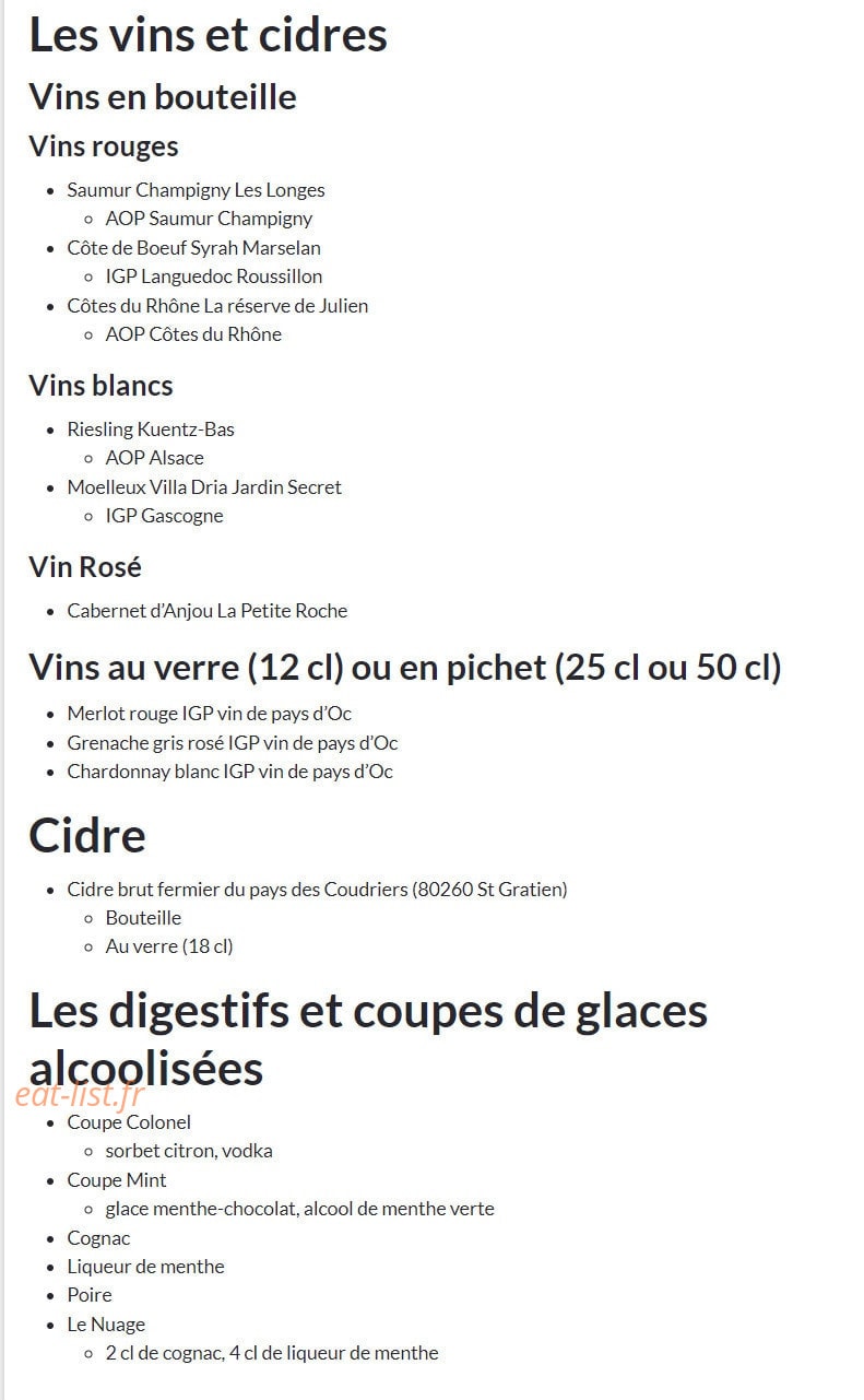 Carte et menu de L'usine Brasserie à Abbeville — Les vins, cidres et digestifs, ...