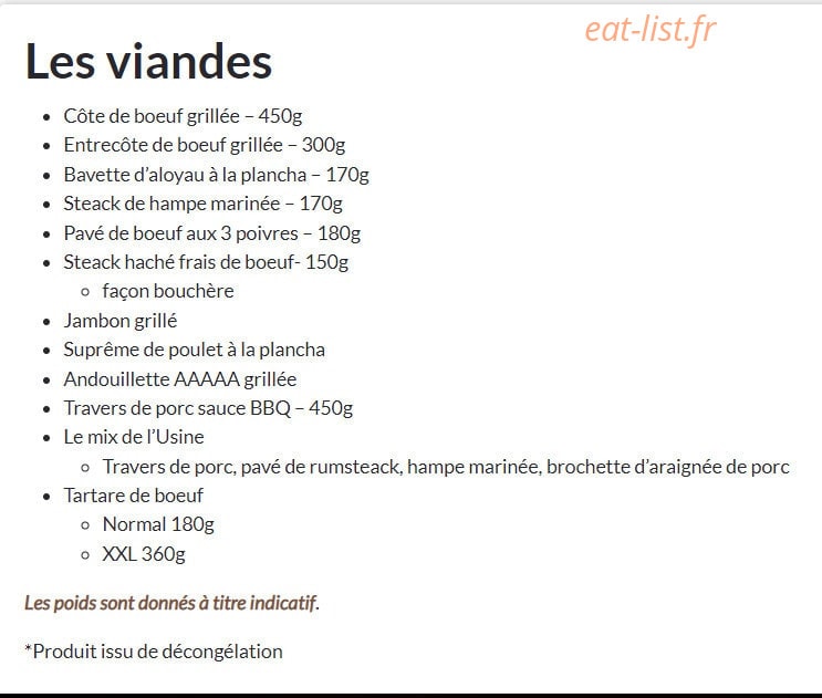 Carte et menu de L'usine Brasserie à Abbeville — Les viandes