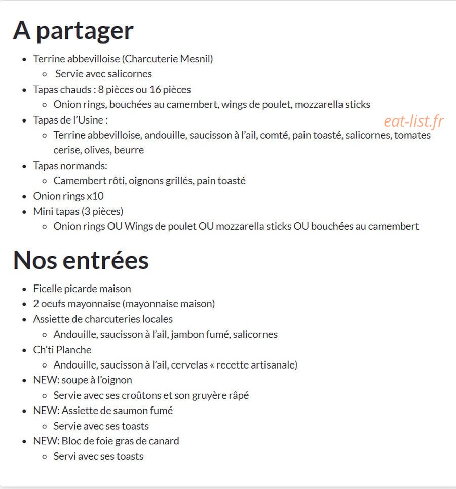 Carte et menu de L'usine Brasserie à Abbeville — Les entrées et à partager