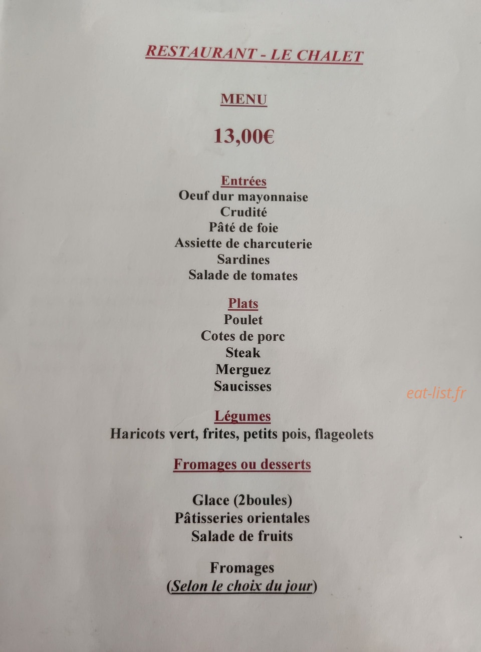 Le Chalet — carte page 1