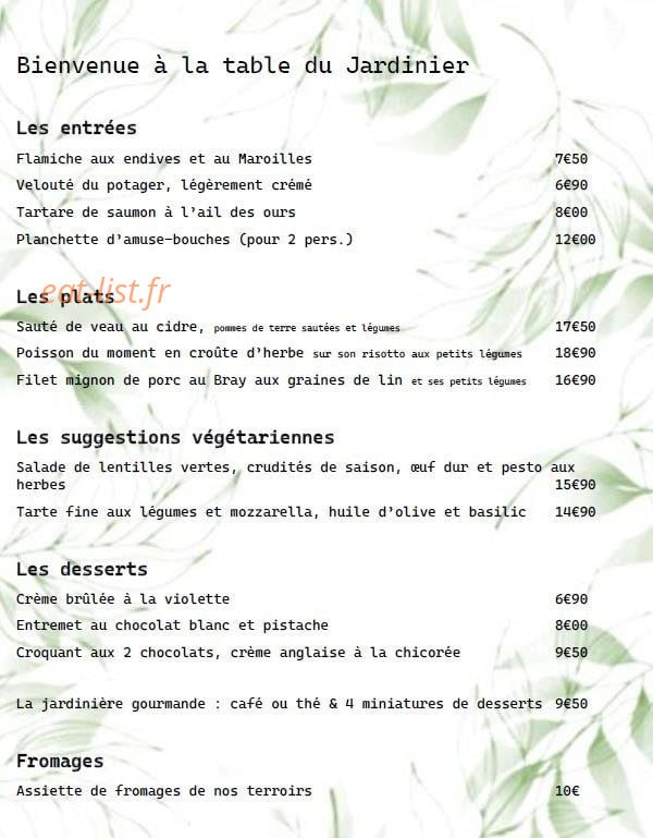 La Table du Jardinier — carte page 1