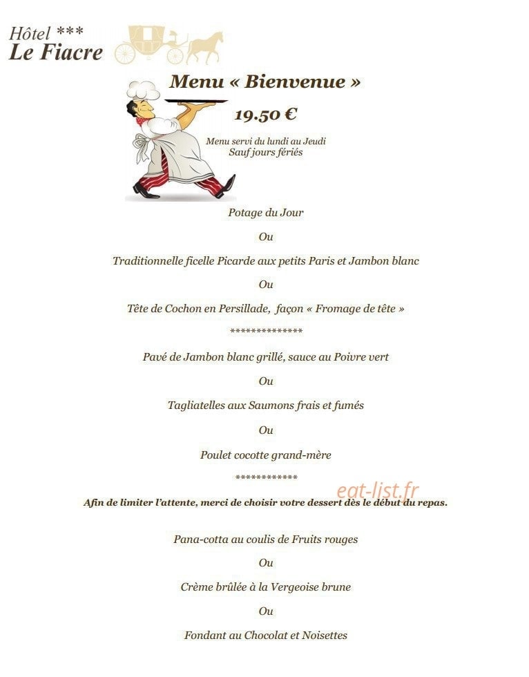 hotel restaurant Le Fiacre — carte page 1