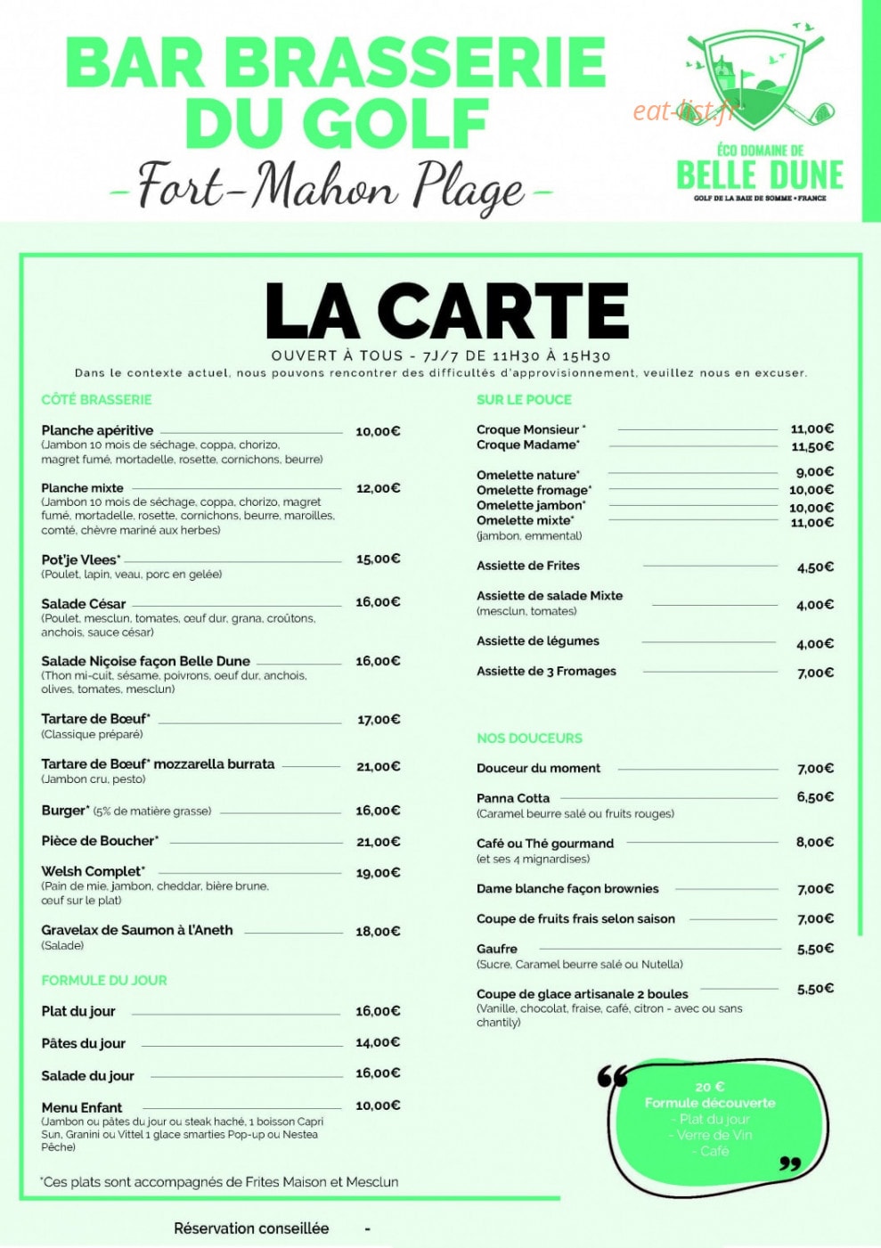 Restaurant du Golf de Belle-Dune — carte page 1