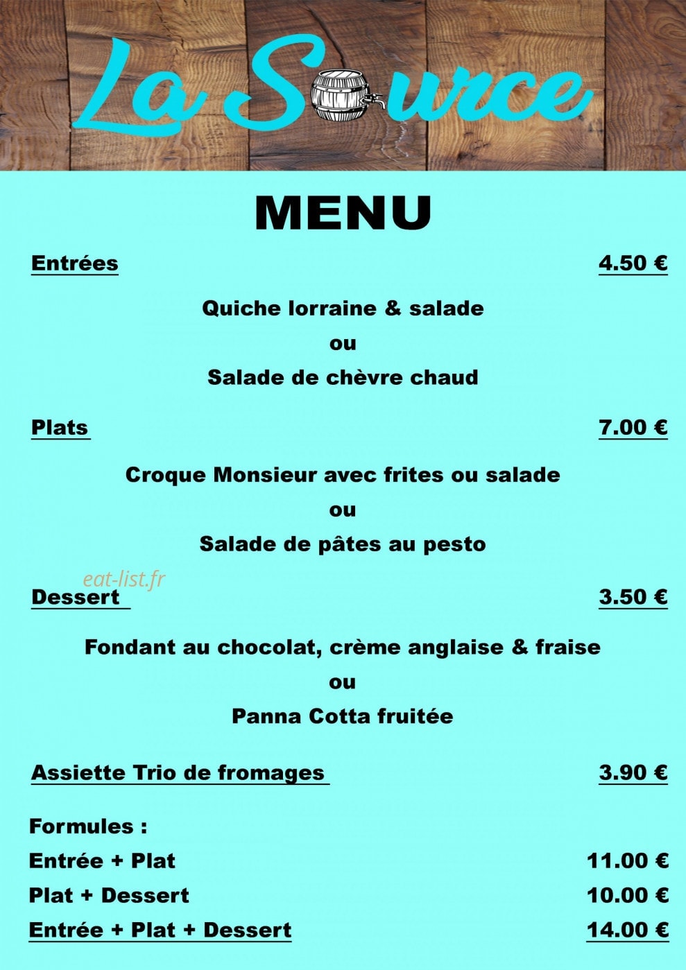 Bar Brasserie La Source — carte page 1