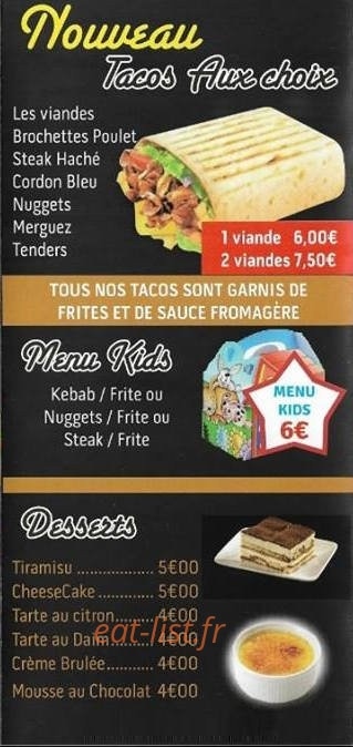 Carte et menu de Deniecourt à Estrees Deniecourt — Tacos, menu kids et desserts