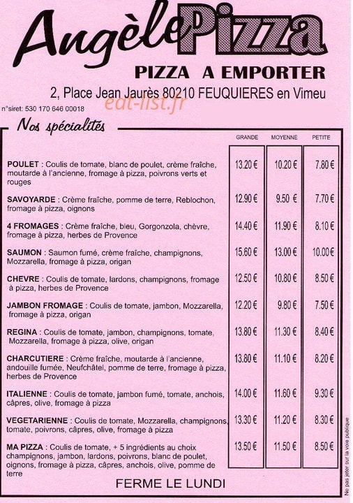 Angele Pizza — carte page 1