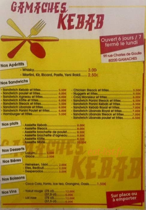 Gamaches Kebab — carte page 1