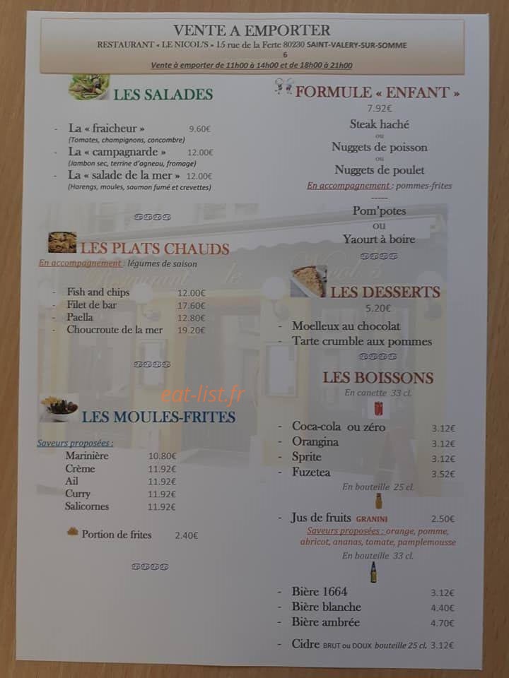 Carte et menu de Le Nicol's à Saint Valery sur Somme — Menu à emporter