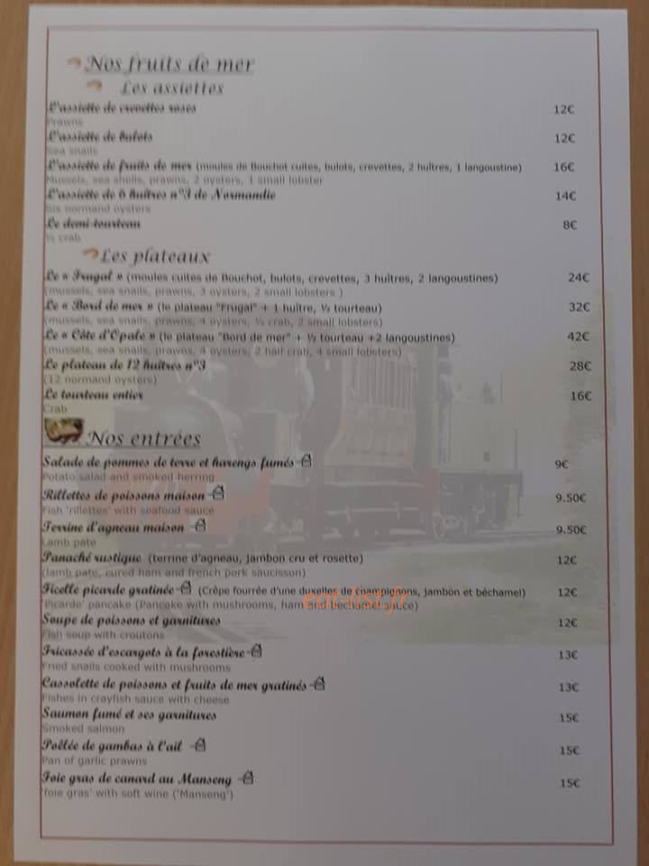 Carte et menu de Le Nicol's à Saint Valery sur Somme — Les fruits de mer, plateaux et entrées