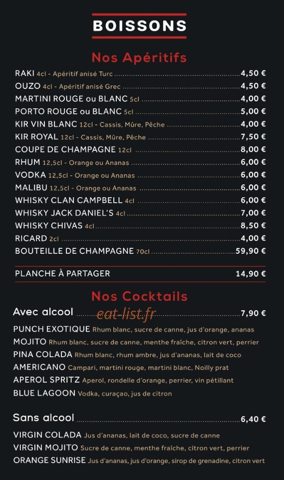 Carte et menu de SteakHouse à Villers Bretonneux — Les apéritifs et cocktails
