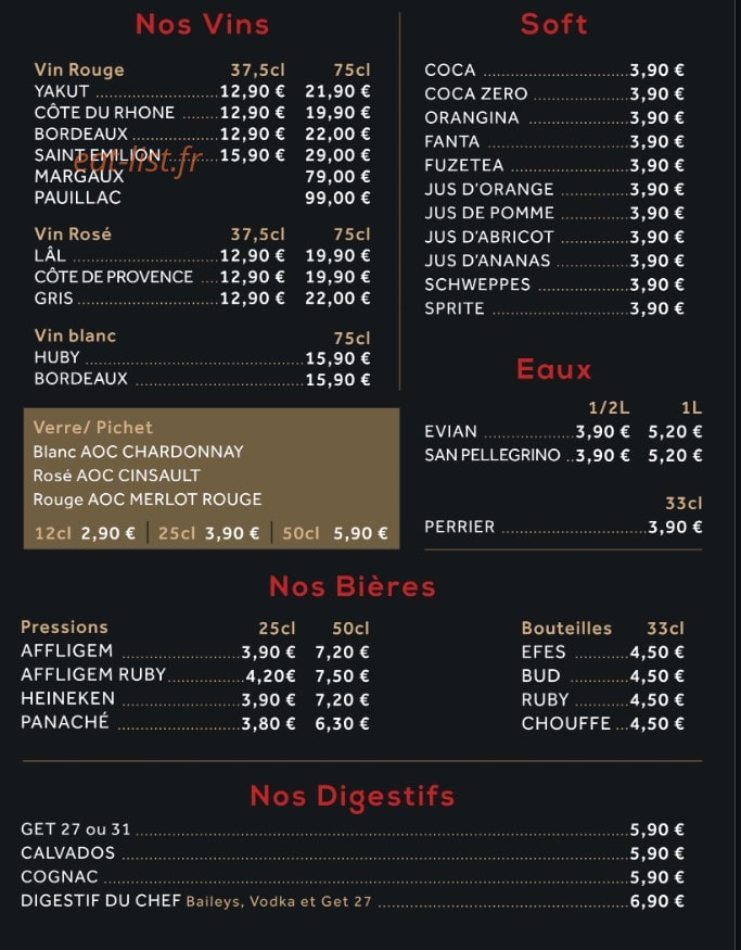 Carte et menu de SteakHouse à Villers Bretonneux — Les vins , bières et softs,....
