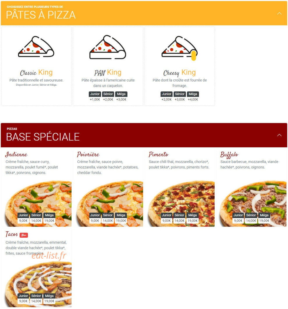 Pizza King — carte page 1