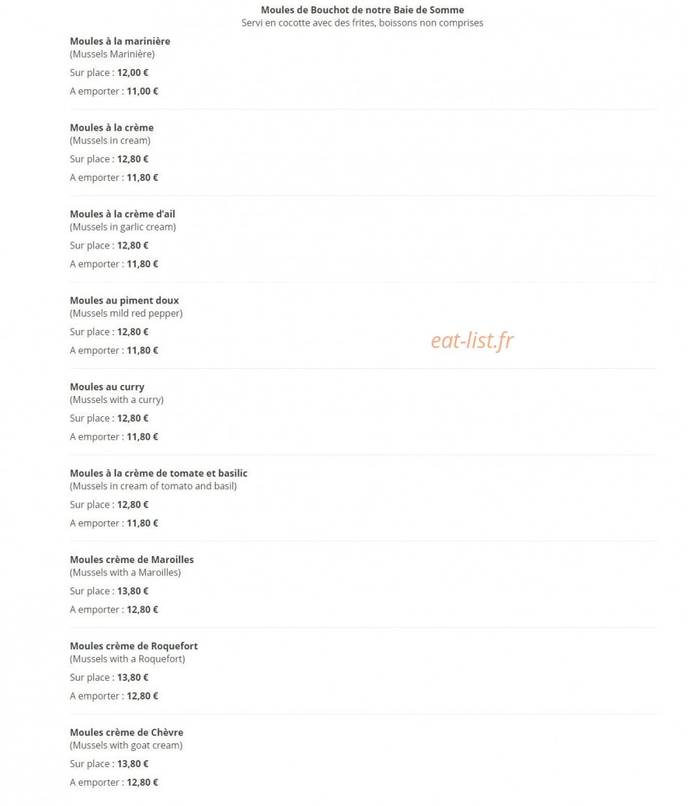 Carte et menu de Au Mytilus à Cayeux sur Mer — Moules
