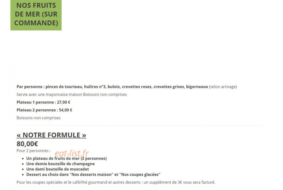 Carte et menu de Au Mytilus à Cayeux sur Mer — Fruits de mer