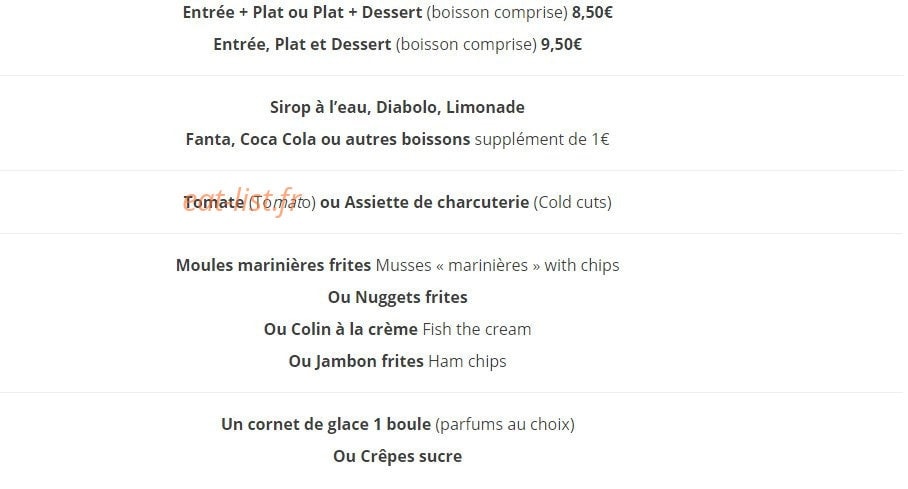 Carte et menu de Au Mytilus à Cayeux sur Mer — Menu enfant
