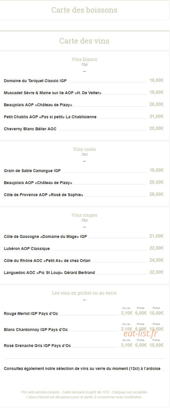 Carte et menu de Le Bistrot de la Baie à Le Crotoy — Boissons et vins