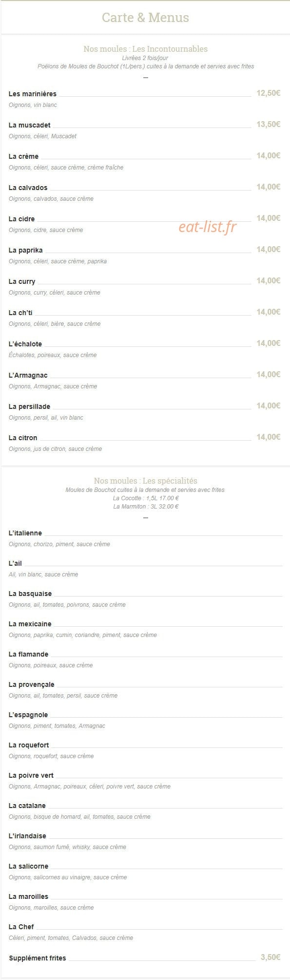 Carte et menu de Le Bistrot de la Baie à Le Crotoy — Moules