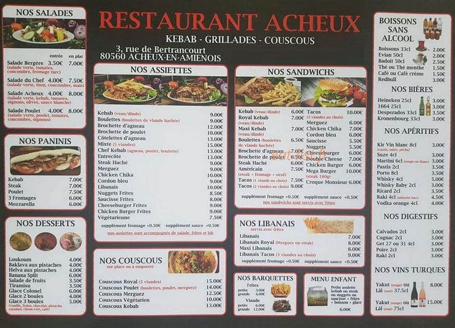 Restaurant Acheux — carte page 1