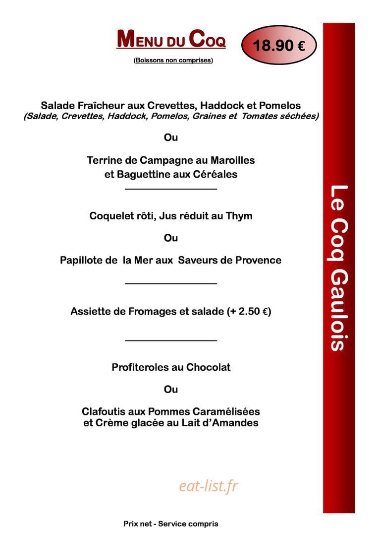 Carte et menu de Le Coq Gaulois à Morvillers Saint Saturnin — menu du coq suites